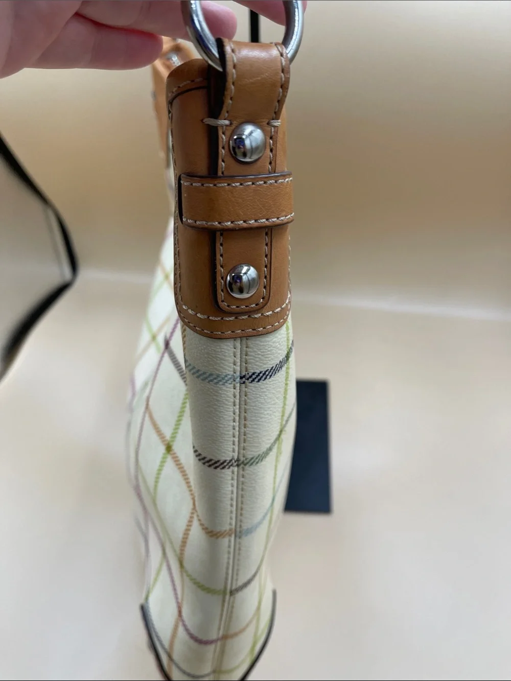Coach Tattersol Cream Plaid Shoulder Bag with Pink Stripe